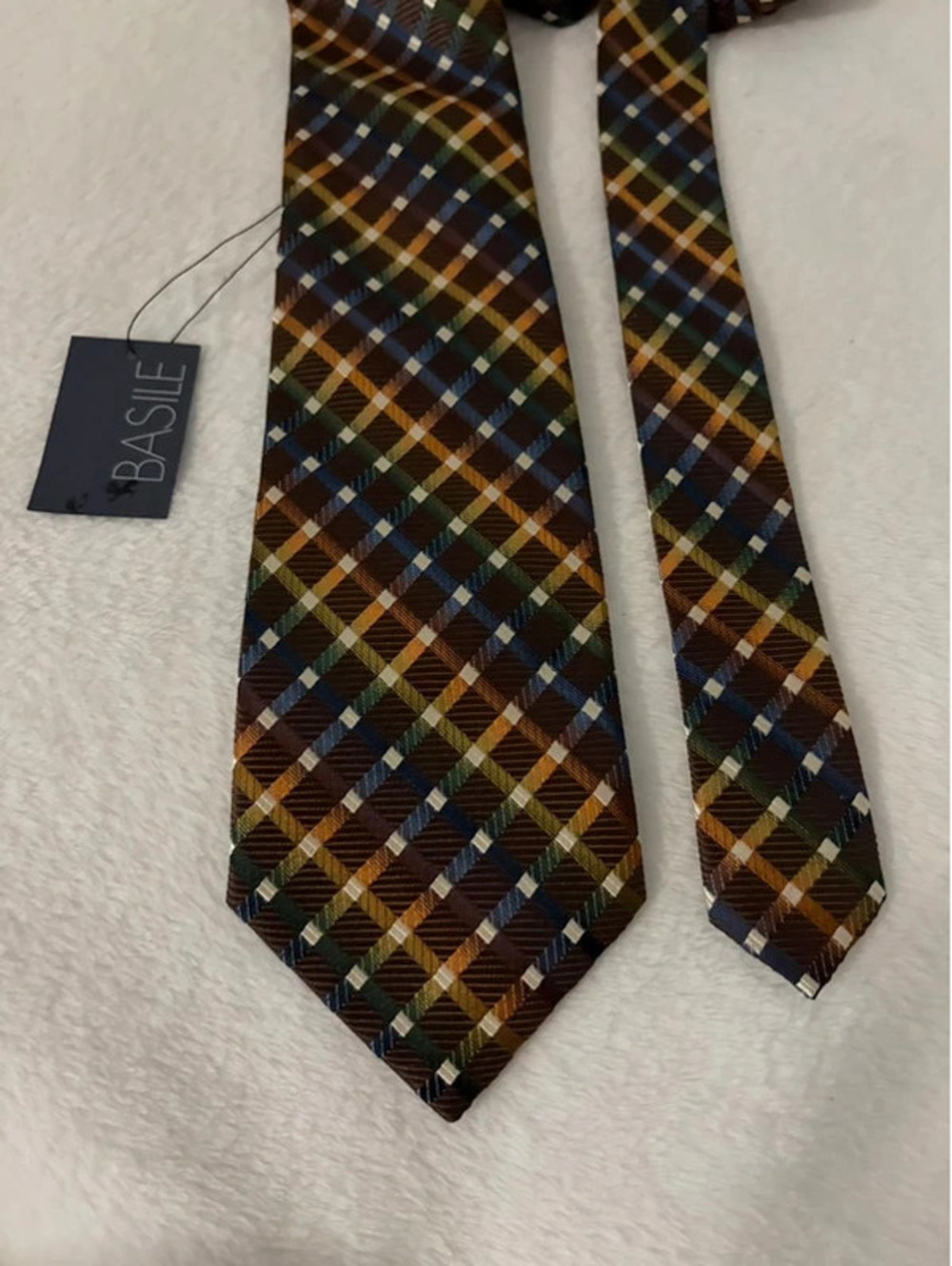 NWT Basile 100% Silk Tie Made in Italy Brown Blue Green Plaid Men’s 3.5”